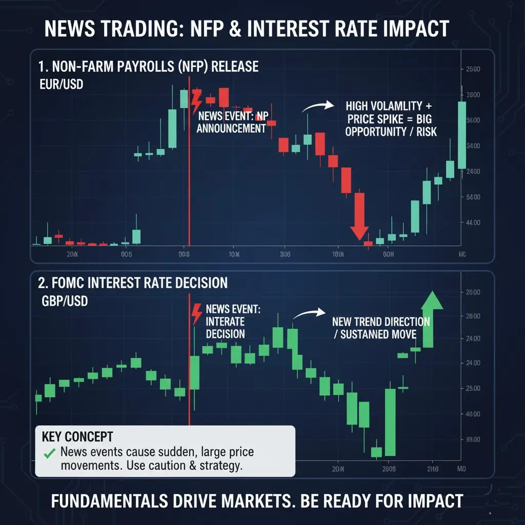 Candlestick charts of currency pairs reacting to an NFP or interest rate announcement.