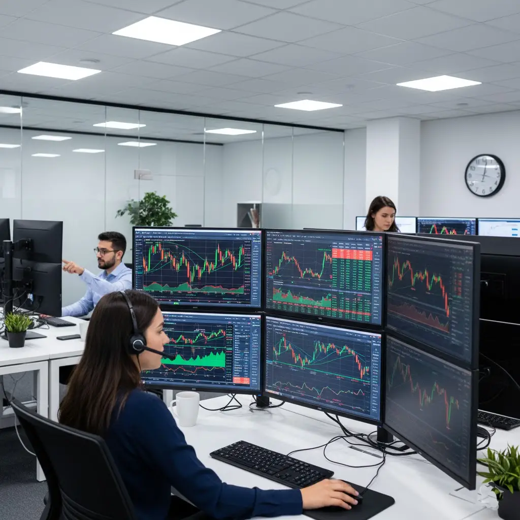 Traders or analysts looking at multiple market charts on computer screens.